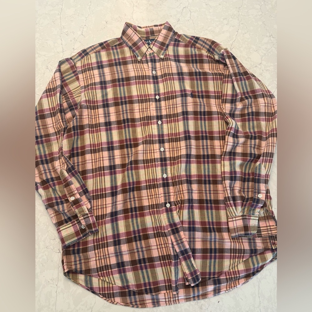 Ralph Lauren Men's Pink and Brown Plaid Shirt